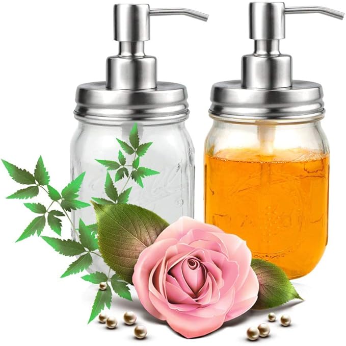 4 Pack Mason Jar Soap Dispenser Lids with Pumps, Rustproof Stainless Steel, Lotion Soap Dispenser Lids Replacement for 16 oz Regular Mouth Mason Jar Decor, 4 Brushes Included Silver