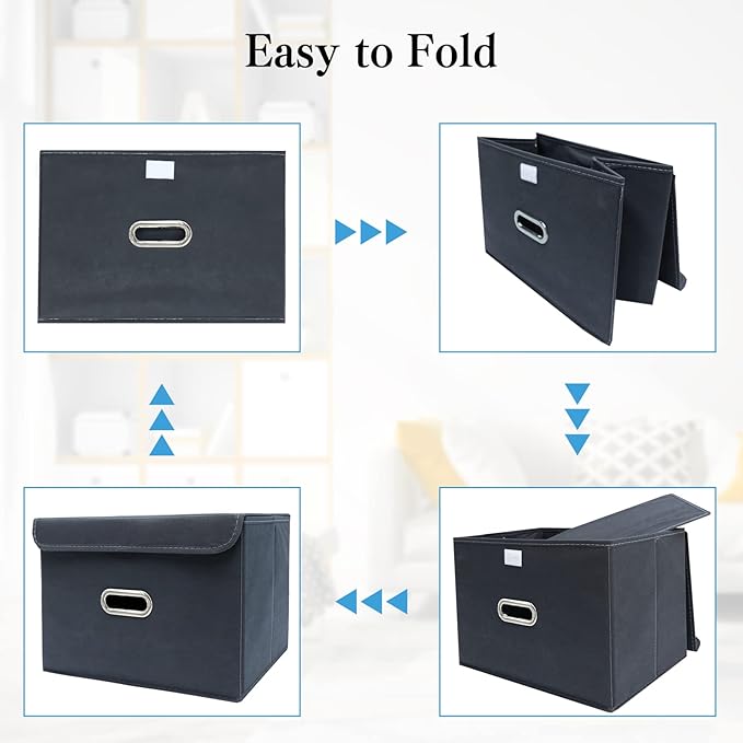 STOREONE Fabric Storage Cube Bins Foldable Organizer Container Collapsible Basket with Lids and Metal Handles, for Home, Bedroom, Closet 6 Pcs (Grey)
