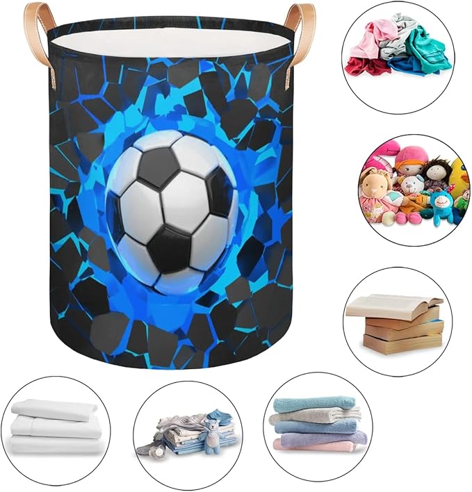Sport Football Large Laundry Basket - Blue Soccer Kids Laundry Hamper with Handles - Collapsible Dirty Clothes Organizer Boys Toy Storage Bin Nursery Hamper for Bedroom Bathroom Decor