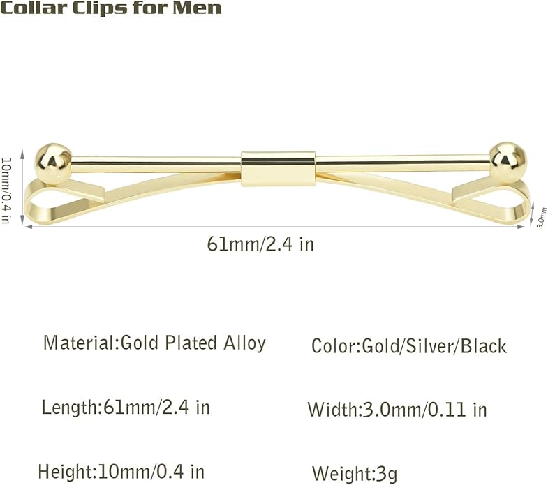 3PCS Shirt Collar Clips Necktie Tie Clips Clip-on Collar Bars Gold Silver Black Metal Cravat Clips Collar Pin Accessories for Men