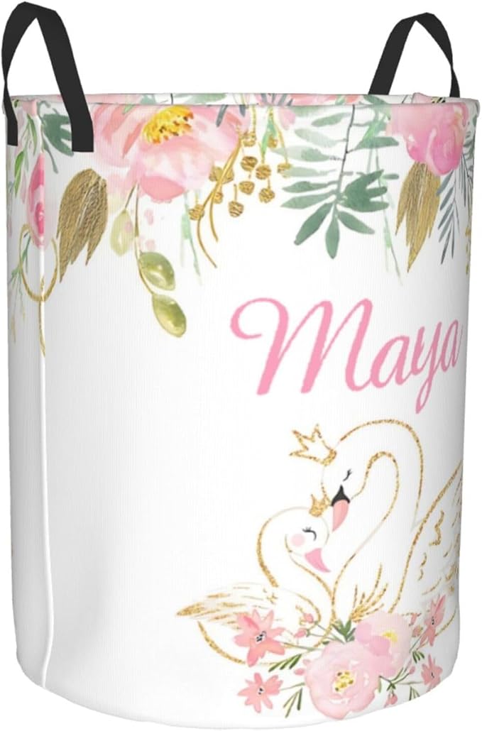 Personalized Laundry Basket for Nursery, Custom Nursery Laundry Hamper with Name, Customize Baby Clothes Circular Hamper for Boys Girls Room Decor, Floral Swan