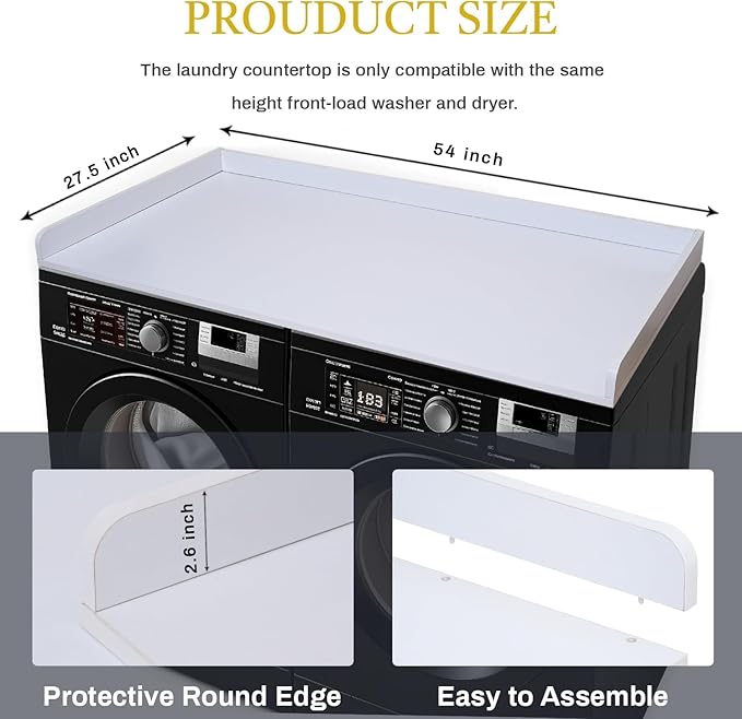 Washer Dryer Countertop Cover 54x27.5 Inch - Wood Laundry Table Top Organizer for Washing Machine & Dryer Set with Protective Edge, Heavy Duty Shelf (White)