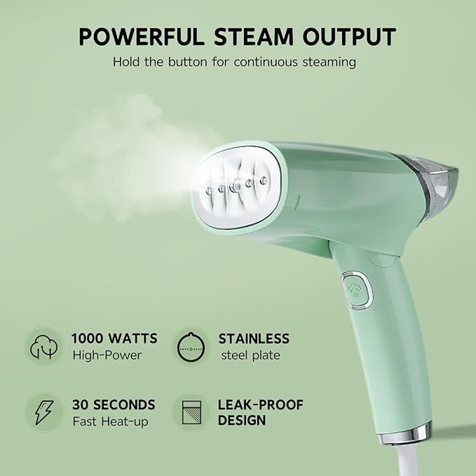 Steamer for Clothes, Foldable Handheld Steamer, 1000W Fabric Wrinkle Remover with Brush & Measure Cup& travel bag Lightweight Fabric Steam Iron for Home and Travel (Green)