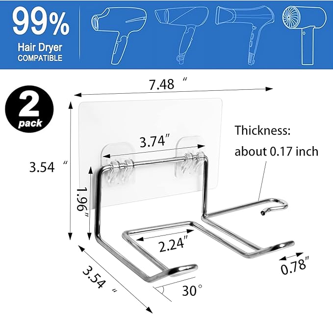 2 Pack Hair Dryer Holder, Self Adhesive Wall Mount Waterproof Blow Dryer Rack Storage Organizer Hanger, Compatible with Dyson and Most Hair Blower Appliance, Brush, Curling Iron, Straightener