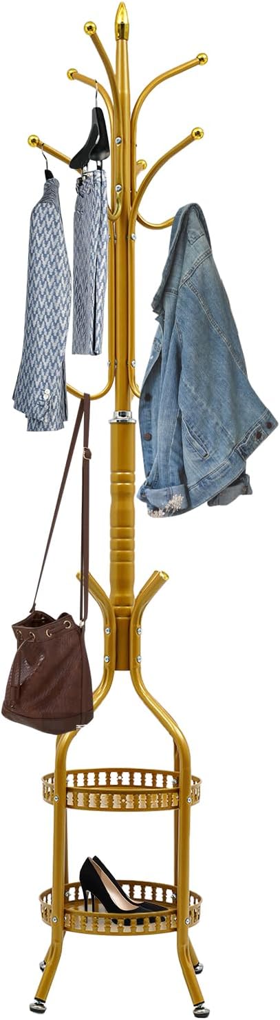 Multifunctional Metal Coat Rack Stand, Freestanding Coat Rack Hat Hall Tree with 2 Layer Basket and Practical Feet, Clothing Rack for Hallways, Living Rooms (Gold)