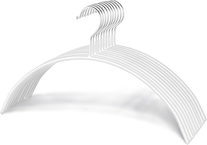 Clothes Hangers - 10 Pack, White - Solid Premium Steel Iron Clothing & Sweater Hangers - Non-Slip No Shoulder Bumps with Grippy Coating - Sleek, Slim & Rounded - Space Saving Solution - by Zoe Deco