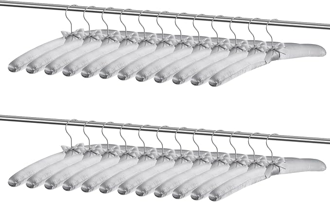 Jetec 24 Pieces Satin Padded Hangers with 360° Swiveling Hook Sponge Shoulder Pads Hanger for Coat, Sweaters, Blouse, Wedding Dress, Women Cloths (Grey)