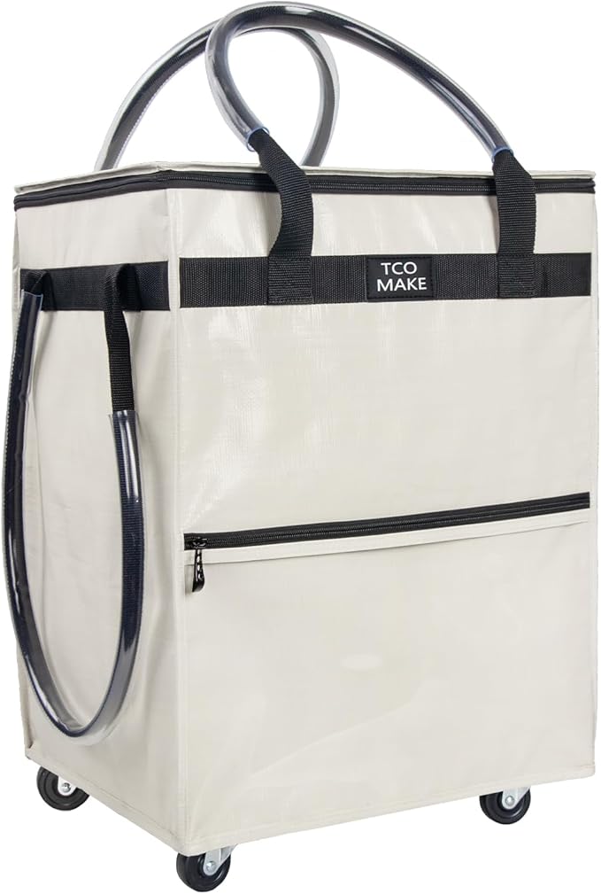 Reusable Grocery Bag on Wheels, (Medium, Beige) Rolling Shopping Bags with Wheels and Handle, Folding Rolling Tote Trolley, 3 Pockets and Zipper Cover, Carries Up to 46 LBS