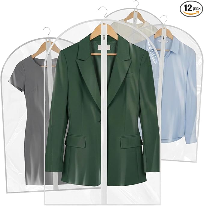 36” All Clear Garment Bags for Women Suit Bags - PEVA Waterproof Suit Cover with Zipper for,Hanging Clothes, Coats - Durable Dresser for Closet Storage, Dustproof & Moisture Resistant - 36”/12 Pack