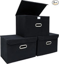 STOREONE Fabric Storage Cube Bins Foldable Organizer Container Collapsible Basket with Lids and Metal Handles, for Home, Bedroom, Closet (Black, 3 Pcs)