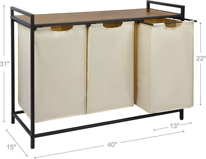 Pull Out Laundry Hamper 3 Compartment Laundry Sorter with Shelf 3 Section Laundry Basket with 3 x 16 Gallons Removable Bags for Laundry Room Bathroom and Dorm, Beige