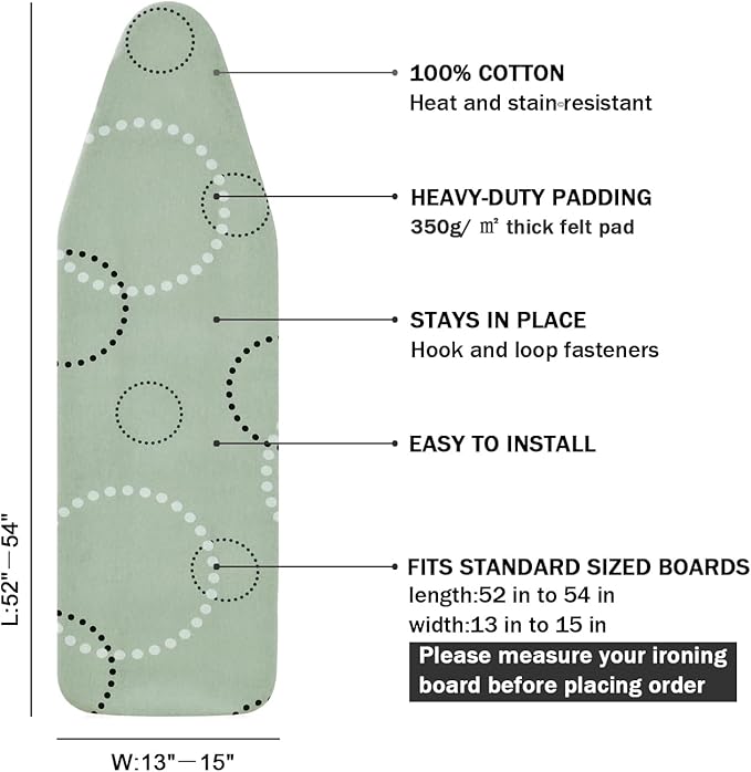 Ironing Board Cover and Pad Standard Size 15" x 54",3 Pairs of Hook and Loop Fastener Straps,Elastic Edges,Cotton Iron Board Cover with Scorch Resistant Thick Padding(Geometric Circle)
