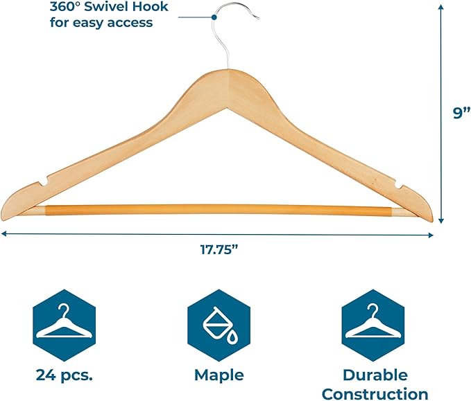 Honey-Can-Do Sturdy Maple Wood Hangers – Non-Slip Grooved Bar, Perfect for Shirts and Suits, Durable & Stylish, 24-Pack