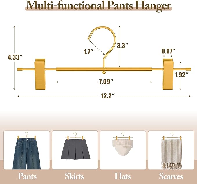 Matte Gold Aluminum Pants Hangers 20 Pack, Lightweight Skirt Hangers with 360°Swivel Hooks and Non-Slip Adjustable Clips for Trousers, Skirts, Jeans, Kids & Adults, Durable, Space-Saving