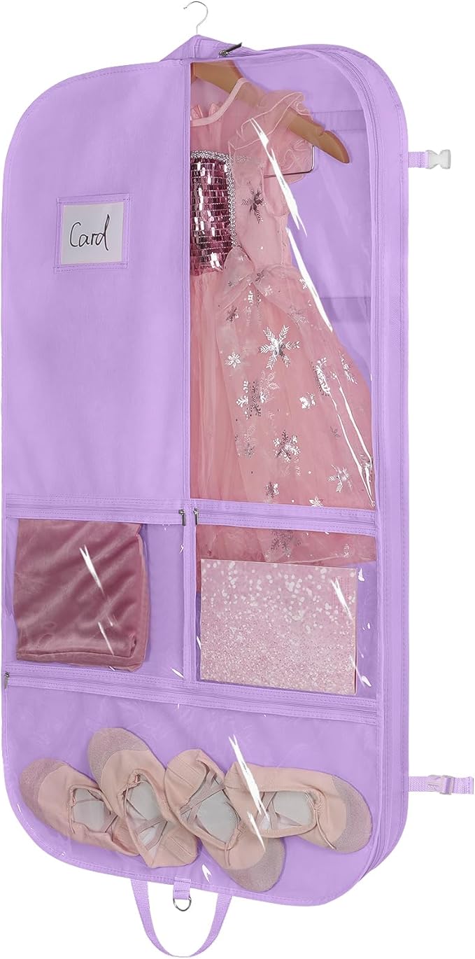 Univivi 40 Inch Kids Garment Bags for Dance Costumes, 3 Medium Clear Zipper Pockets and 2 Back Zippered Pockets for Hanging Clothes, Travel Storage - Purple