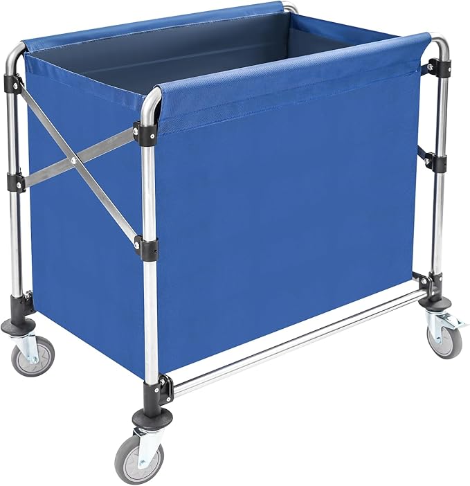 Commercial Laundry Cart with Wheels, 440lbs Rolling Laundry Basket, Heavy Duty Folding Laundry Cart with Oxford Cloth Hamper, 34.25 * 20.47 * 30.7in for Home, Dorm, Hotel, and Commercial Use (Blue)