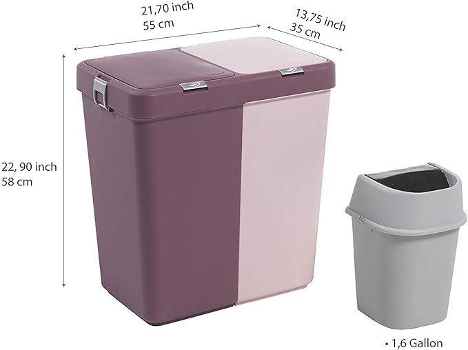 Mabel Home Plastic Laundry Basket with Lid, 2 Sections, Large Laundry Basket (Extra Trash Bin (1.6 Gallons) inc. Purple Pink)