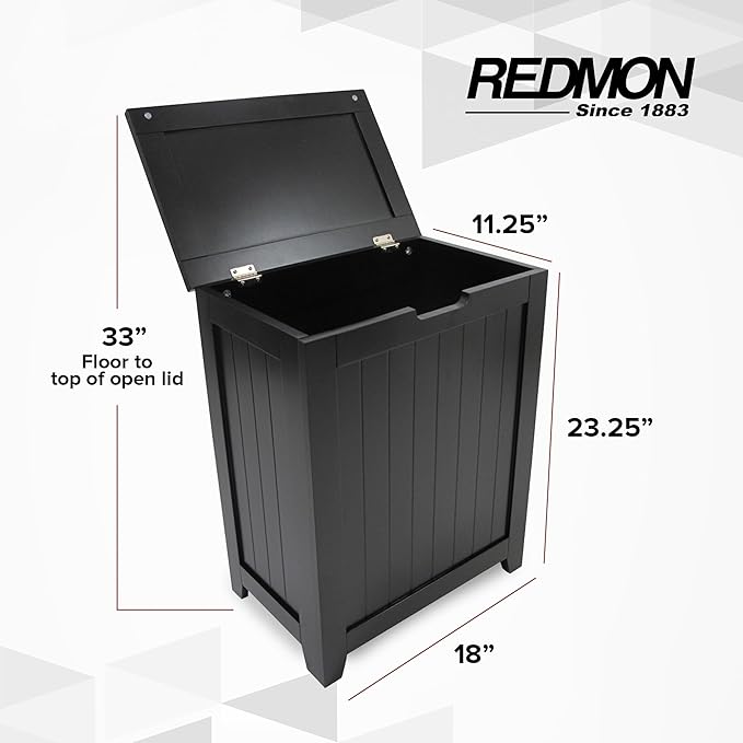 Redmon Clothes Hamper with Lid, Country Wainscot Style Freestanding Laundry Basket, Black