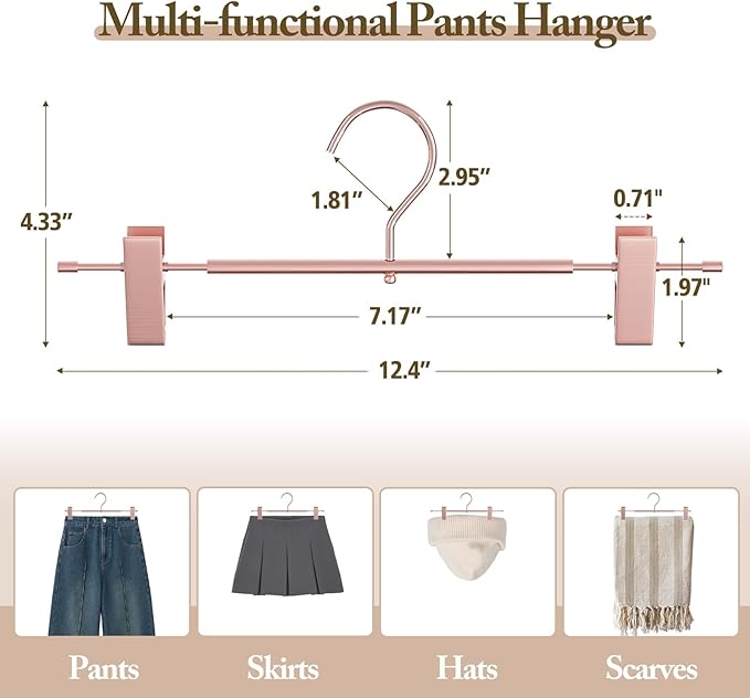 Matte Rose Gold Aluminum Pants Hangers 10 Pack, Lightweight Skirt Hangers with 360°Swivel Hooks and Non-Slip Adjustable Clips for Trousers, Skirts, Jeans, Kids & Adults, Durable, Space-Saving