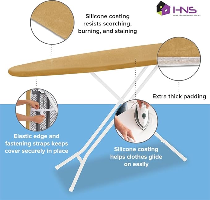 HOLDN’ STORAGE Ironing Board Cover - Silicone-Coated, Scorch-Resistant 15 x 54 Padding with Hook & Loop Straps, Cover Fits All Standard Sizes - Gold