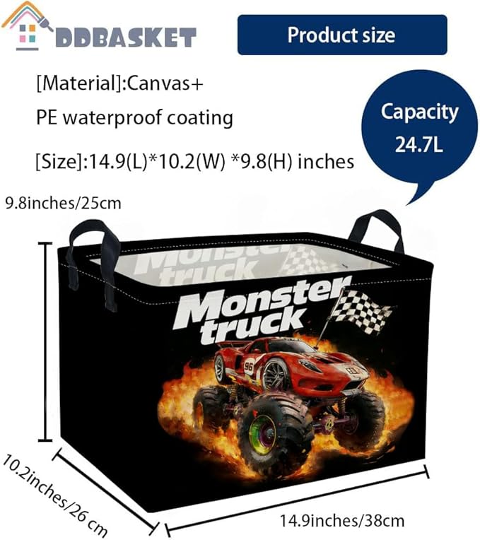 Rectangular Kids Baskets Moster truck Basket Cute Storage Bins Organizer Box Boys Room Decor for Home.(Black racing car)