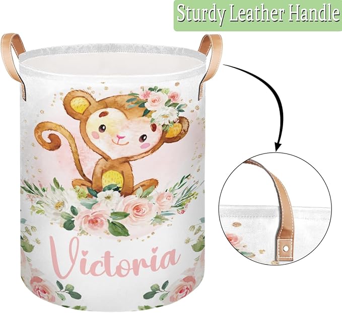 Personalized Laundry Basket, Custom Gift Laundry Hamper, Collapsible Nursery Waterproof Laundry Baskets, Dirty Clothes Toy Hamper with Handles Cute Girly Monkey