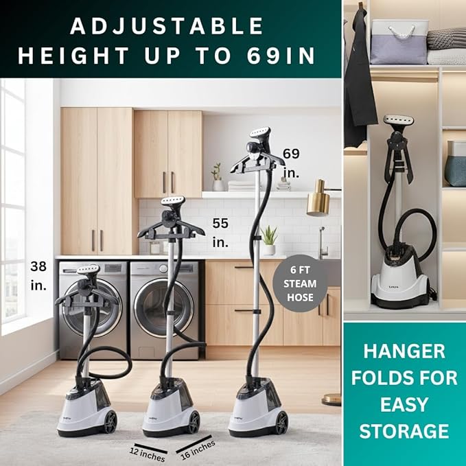 True & Tidy® Commercial Garment Steamer – Heavy Duty 1800W for Home & Commercial Use, 90+ Min Continuous Steam, Large 3L Tank, Wheels, Smart Auto-off Safety