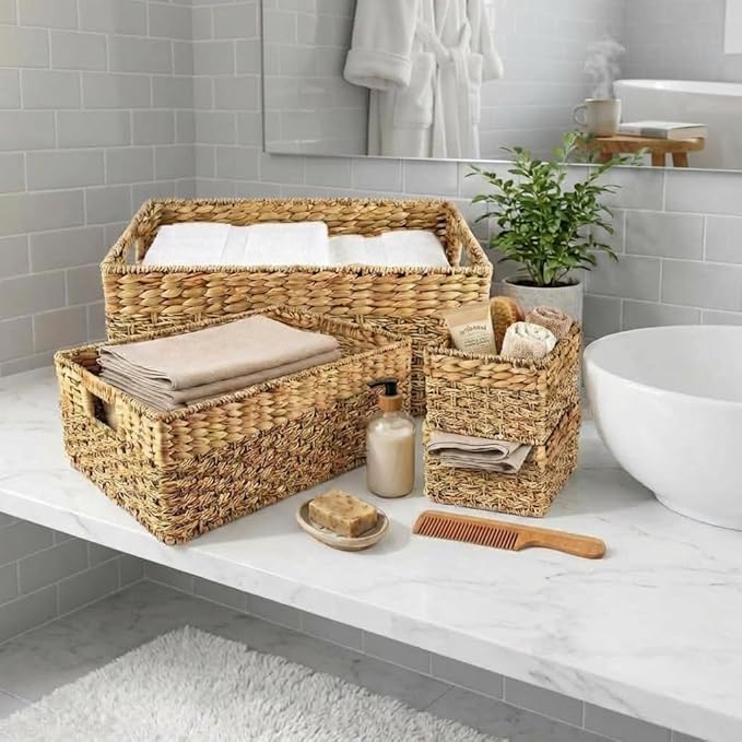 Seagrass and Hyacinth Nesting Wicker Basket, Multi-Size, 4 pack, Natural Woven Storage Baskets for Organizing Living Room, Shelves, Pantry