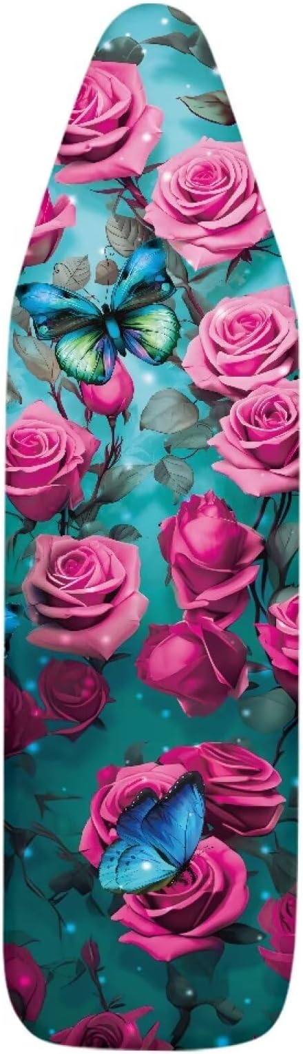 Pink Rose Ironing Board Cover and Pad Heat Reflective Stain Resistant Iron Board Cover with Padding Standard Size 15x54 Pressing Cloth for Ironing