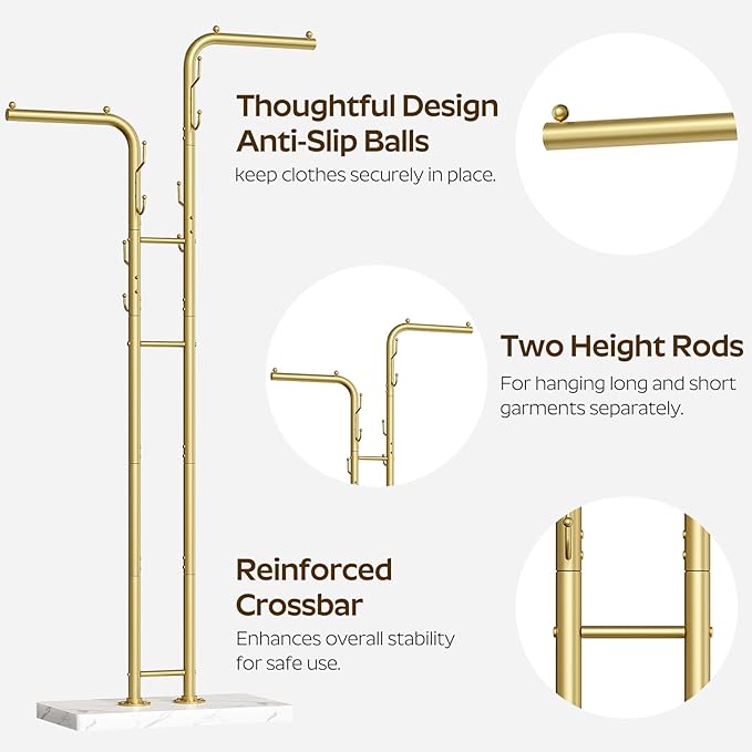 Gold Coat Hanger Stand, Floor Standing Coat Rack, Entryway Coat Tree with 8 Hooks and Marble-Look Base, Modern Double-Pole Metal Clothes Rack for Entrance, Living Room, Bedroom, YM02DWY1