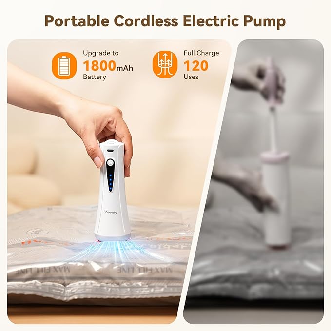 Vacuum Storage Bags for Travel with Rechargeable Air Pump, 12 Pack Space Saver Bags for Clothing, Luggage & Suitcase Compression, Efficient & Portable Storage Solution for Travel Essentials