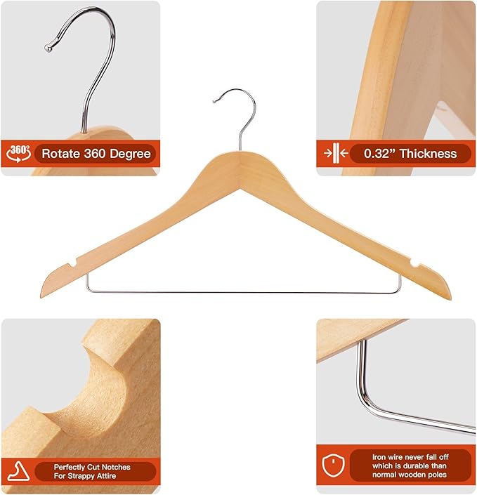 Wooden Hangers 30 Pack,Wood Hanger with Iron Pants Bar, Heavy Duty Coat Hanger, with 360-degree Hook，Smooth Finish Wooden Clothes Hangers, Sturdy Clothes Hangers for Suit Coat Jacket Pants Natural