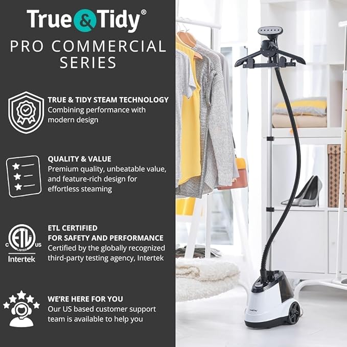 True & Tidy® Commercial Standing Clothes Steamer, Heavy Duty with 90+ mins of Steam Time, For Home and Commercial Use, 1800 watts of Powerful Steam, Wheels for Easy Movement, 3 Steam Settings (White) (Renewed)