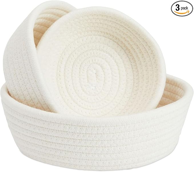 Juvale Small Round Cotton Rope Storage Baskets - Nesting Storage Bin Pack - Cotton Woven Basket for Home Organizing - White, Pack of 3, 6.5 x 2.9 in/7.5 x 3 in/8.2 x 3.2 in