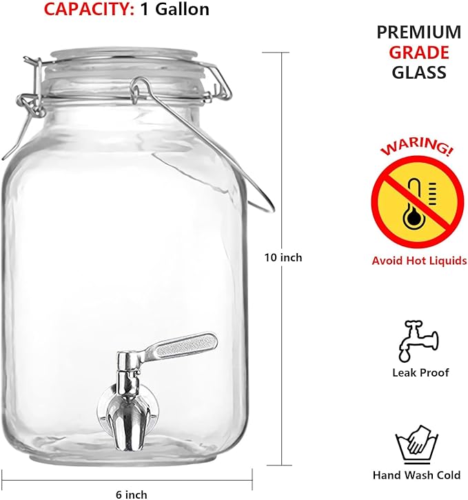 Glass Drink Dispenser for Parties, 1 Gallon Water Dispenser with Stainless Steel Spigot and handle,Glass Water Dispenser Countertop for Weddings, Lemonade & Laundry Detergent Dispenser (2Pack)