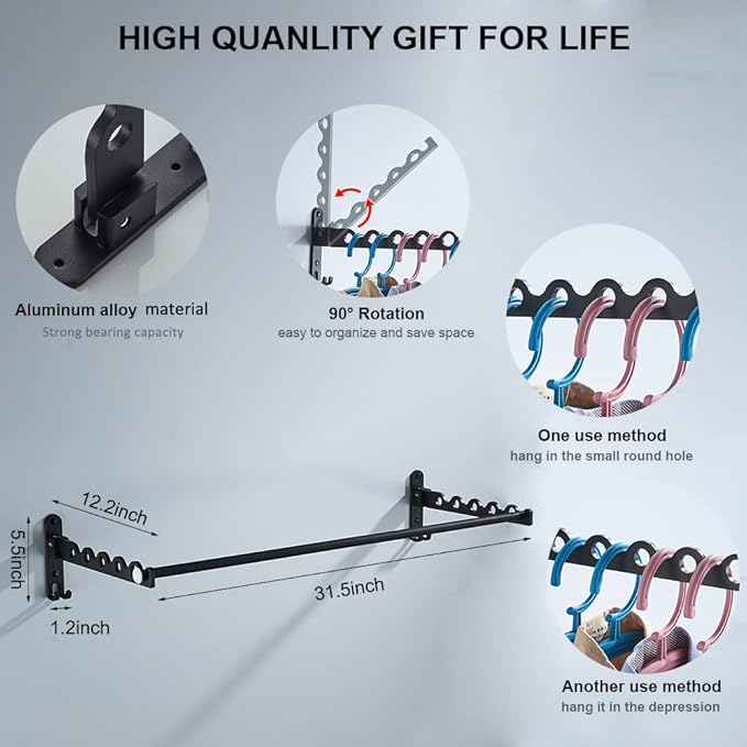 Small Wall Clothes Rail, Aluminium Foldable Drying Rack Hook 90° Rotation Coat Hanger for Laundry Bathroom Balcony (Black Fixed Seats+Rod)