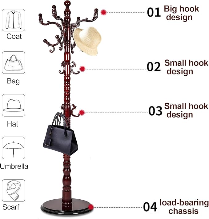 Coat Rack Freestanding, Wooden Coat Rack 14 Hooks, Pure Natural Solid Tree Coat Hanger Stable Disc Base, Adjustable Floor Hanger,for Bedroom Office Hallway Entryway(Mahogany)