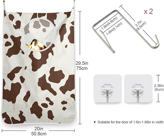 Hanging Laundry Hamper with Stainless Steel Hooks,Oxford Fabric Printing Door Laundry Clothes Bag, 29.5X20inch 1PCS Brown Cow Print