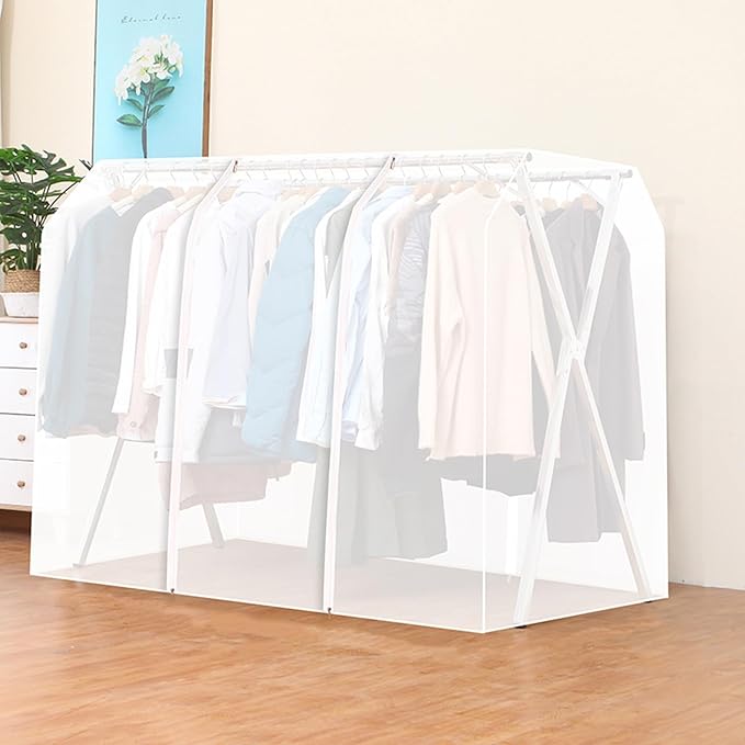 Clothes Rack Cover with Zipper, Dustproof Clothes Cover with 2 Durable Zipper Clothing Waterproof Protector, Designed for X-Type Coat Racks(White,180x130x95cm/71x51x37in)