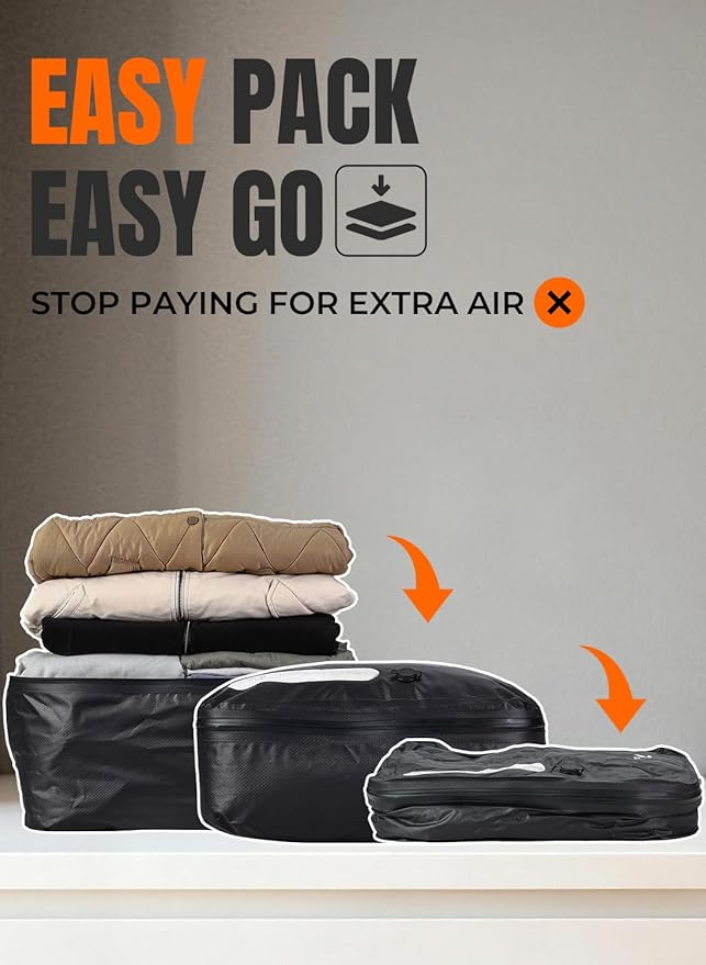 Vacuum Bags for Travel with Wireless Pump, 180° Open Zipper, IP67 Waterproof, Reusable Space Saver Compression Bags for Backpack, Suitcase, Home Storage(2 Pack + Pump)