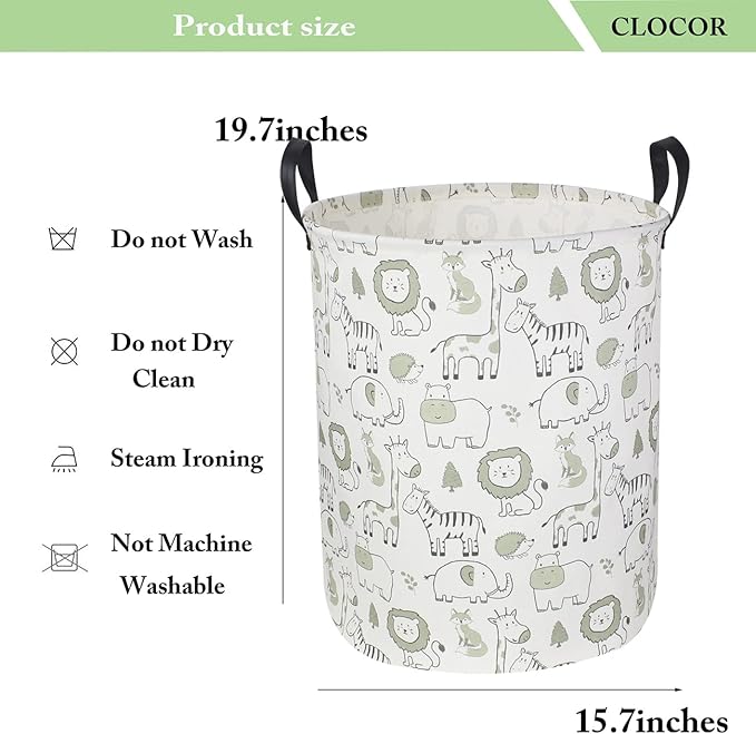 CLOCOR Baby Laundry Basket,Collapsible Kids Toys Storage Baskets,Nursery Hamper for Boys and Girls,Jungle Bedroom Decor,Gift Basket（Green Animals