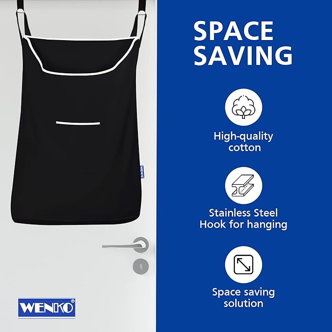 WENKO Laundry Hamper Bag Hanging, Over The Door Basket with Hooks, for Bathroom, Closet, Space Saving Storage, Wall mounted 3.94 x 20.47 x 31.89 in, Black