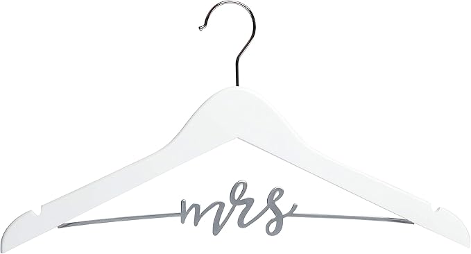 Pearhead Mrs. Wedding Dress Hanger, Wooden Bridal Gown Hanger with Cursive Wire Lettering, Wedding Photo Prop and Bridal Keepsake, White and Silver