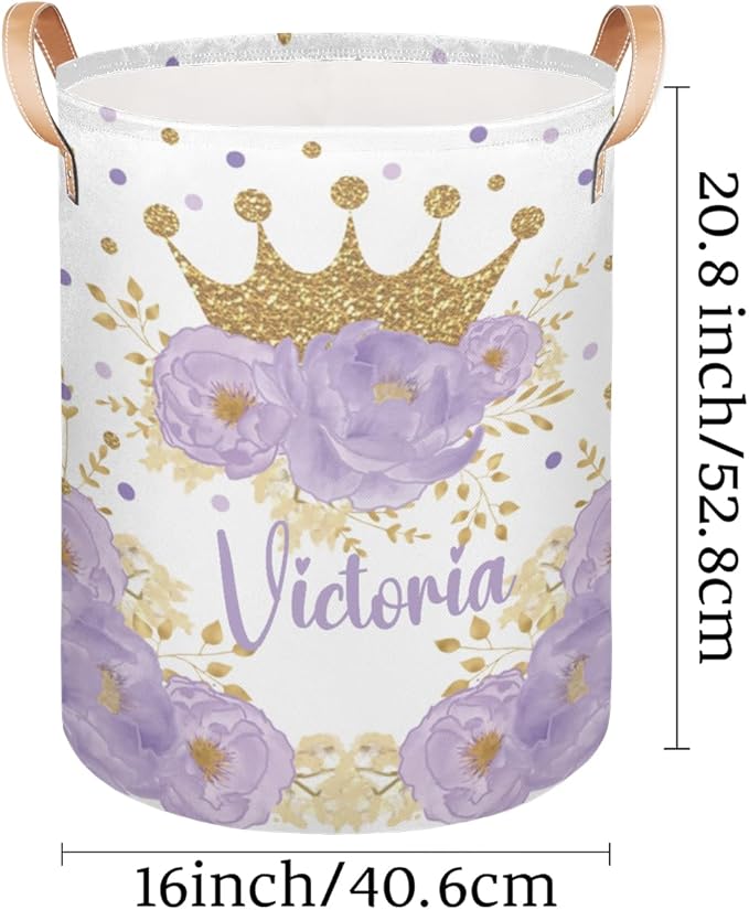 Personalized Laundry Basket, Custom Gift Laundry Hamper, Collapsible Nursery Waterproof Laundry Baskets, Dirty Clothes Toy Hamper with Handles Floral Gold Crown Princess