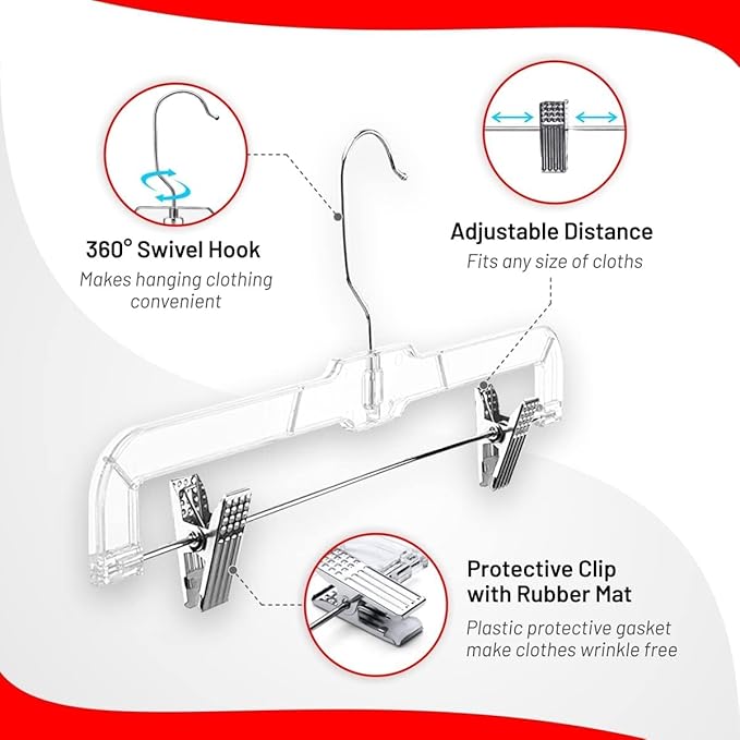 DEILSY™ Skirt Hangers Pants Hanger with Clips Hanger Shorts Clear Plastic Clothes with 2-Adjustable Clip Non-Slip Clothes Perfect for Pant, Pack of 25