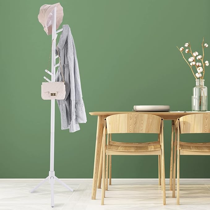 Wood Coat Rack Freestanding, Adjustable Hall Tree Coat Rack Stand with 3 Sections & 8 Hooks Easy to Assemble, Kids Coat Hanger Rack Entryway Corner Office Clothes Rack (White-Triangle)