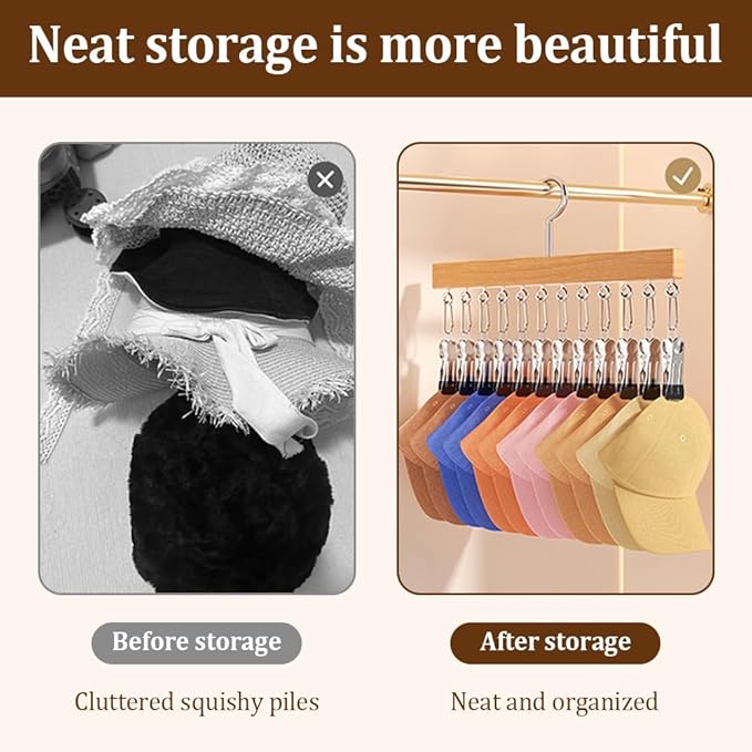 Closet Organizer with 10 Clips, Space Saving Hanging Closet Organizer, Space-Saving Hat Scarf Clothespins for Jeans Skirts Socks Pant Hangers with Clips (Wood-12 Clips, 2PCS)
