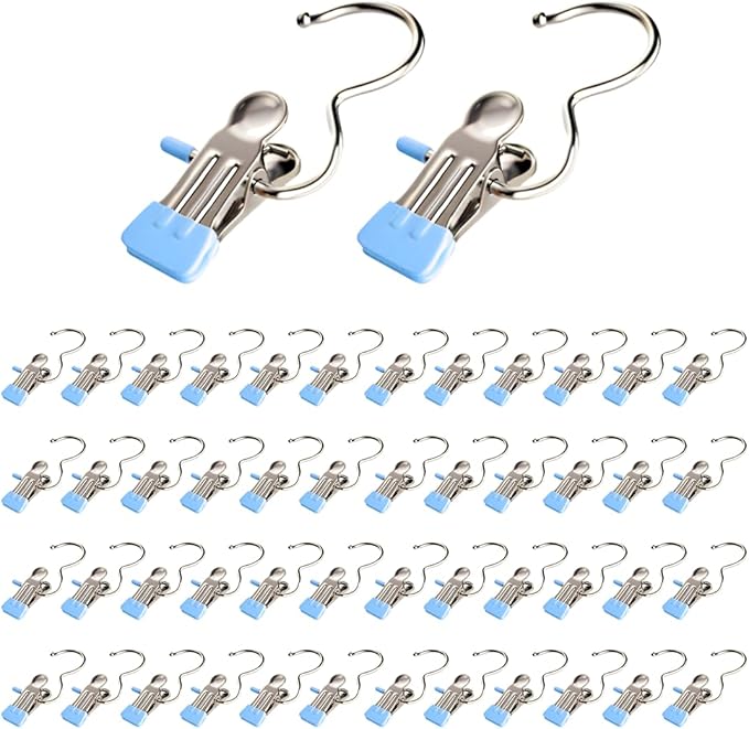 Clothes Pins, 50 Pack Hanger Hooks, Stainless Steel Laundry Clips, Travel Hangers, Towel Clips, Legging Organizer for Closet Hanging, Space Saving Hanger Clips for Pants, Jeans, Hats, Boot(50P+Blue)