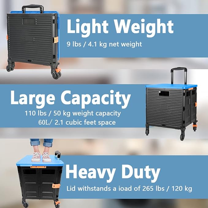 FELICON SELORSS Foldable Utility Cart Folding Portable Rolling Crate Handcart with Heavy Duty Telescoping Handle Collapsible 4 Rotate Wheels for Travel Shopping Move Luggage Office Use(Black+Blue)