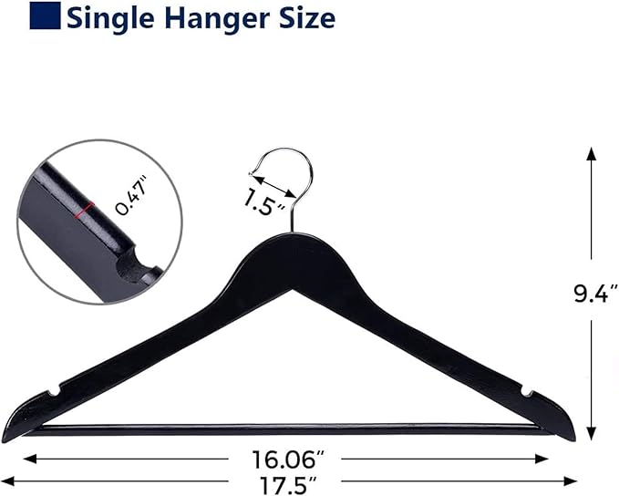 JS Hanger Wooden Coat Hangers, 20 Pack High Grade Wood Suit Hangers with Non Slip Pant Bar - Extra Smooth and Splinter Free Black Finish